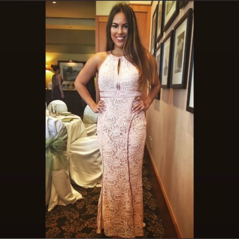 XSCAPE Light Pink Lace Halter Gown